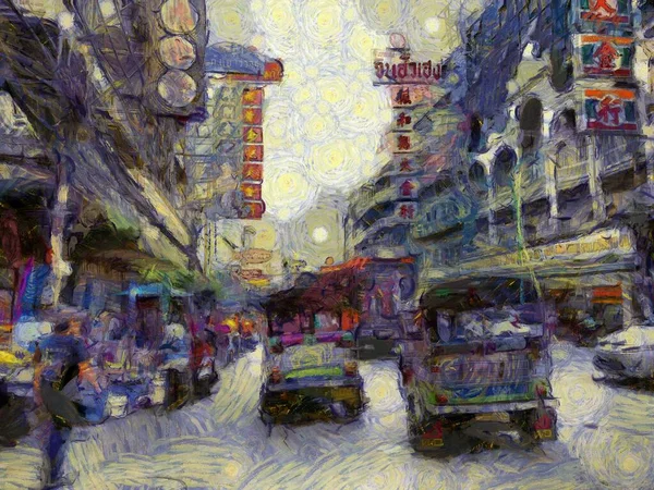 Yaowarat China Town Bangkok Illustrations Crea Estilo Impresionista Pintura —  Fotos de Stock