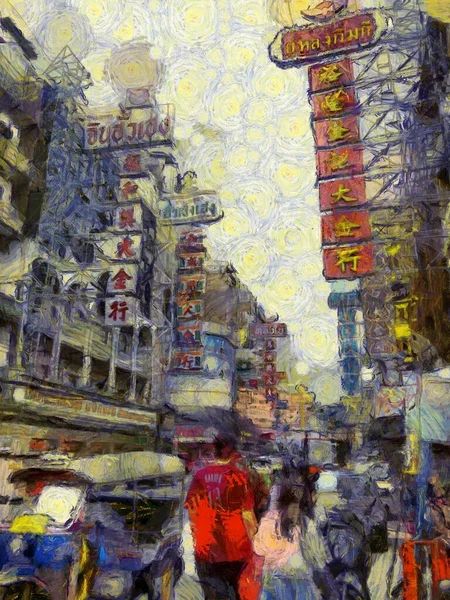 Yaowarat China Town, Bangkok Illustrations Empresyonist bir resim tarzı yarattı.