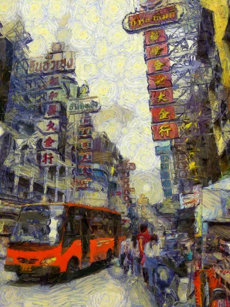 Yaowarat China Town, Bangkok Illustrations Empresyonist bir resim tarzı yarattı.