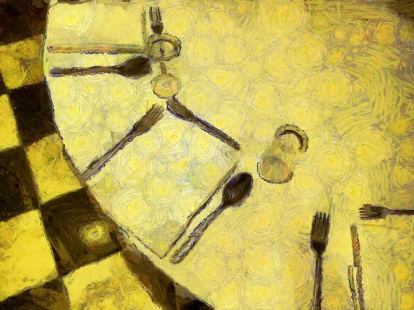 餐桌和餐具套餐图解创造了一种印象派风格的绘画 — 图库照片