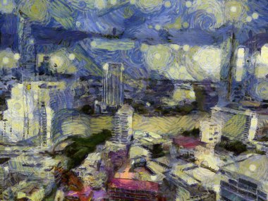 Bangkok şehir manzarası Illustrations bir empresyonist resim stili yarattı.