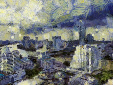 Bangkok şehir manzarası Illustrations bir empresyonist resim stili yarattı.