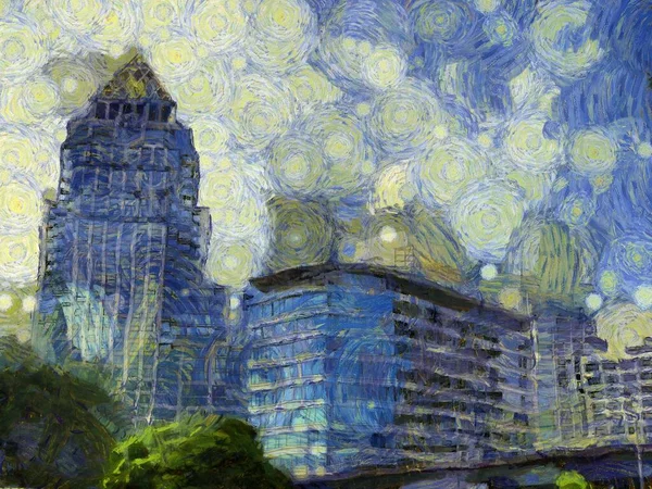 Bangkok şehir manzarası Illustrations bir empresyonist resim stili yarattı.