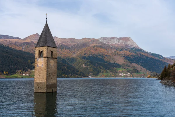 Famous Bell Tower Lake Reschen Lago Resia South Tyrol Italy — Stock Photo, Image