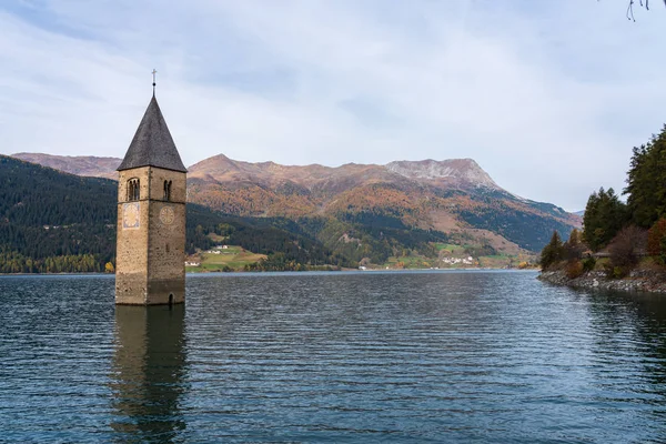 Famous Bell Tower Lake Reschen Lago Resia South Tyrol Italy — Stock Photo, Image