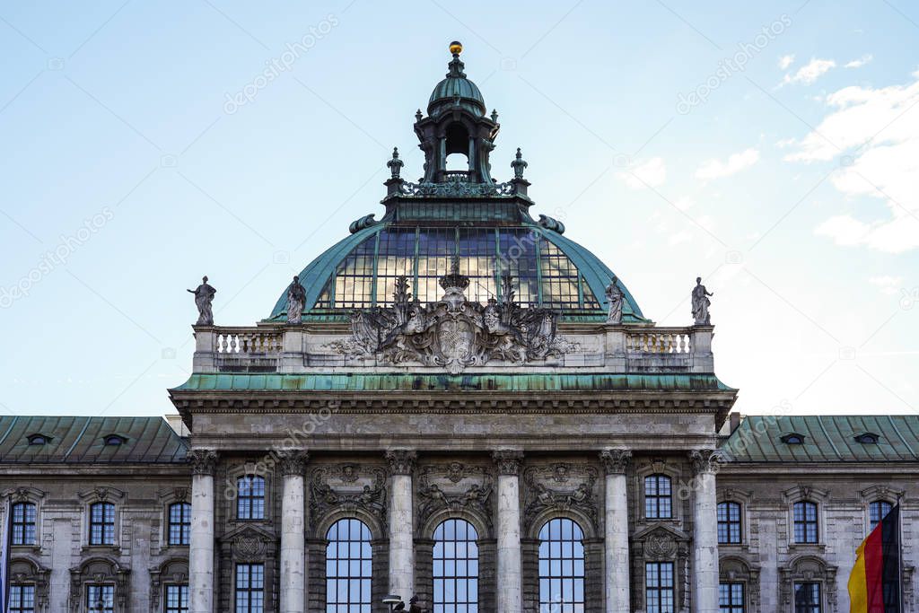 Palace of Justice - Justizpalast in Munich, Bavaria, Germany. German architecture. Building decorated with carving and sculptures in neo-baroque style. The palatial the old Palace of Justice.