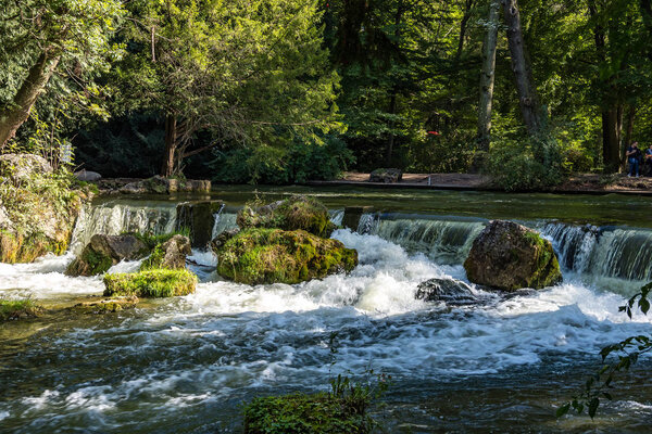 water of the isar spilling over rocks of green moss and surrounded with tall green trees, in The English Garden, Munich, Germany.