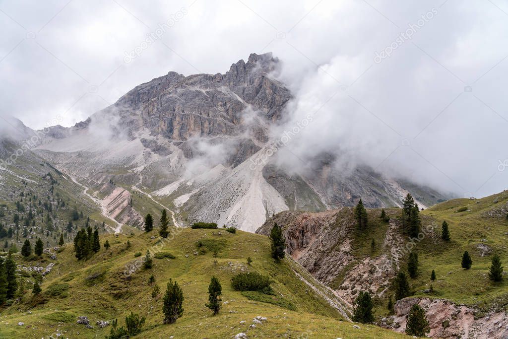 the hiking trail on the Col Raiser plateau above the village of St. Cristina, Italy