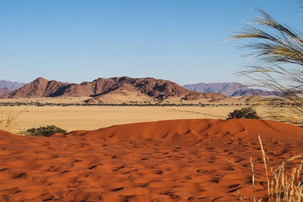 Homokdűnék a serpenyőben Sossusvlei Namíbiában. Afrika. — Stock Fotó