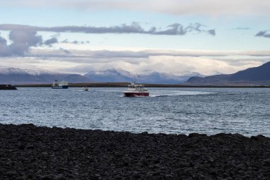 Reykjavik, Izlanda buzlu deniz suyu üzerinde defne tekneler ile balıkçı limanı