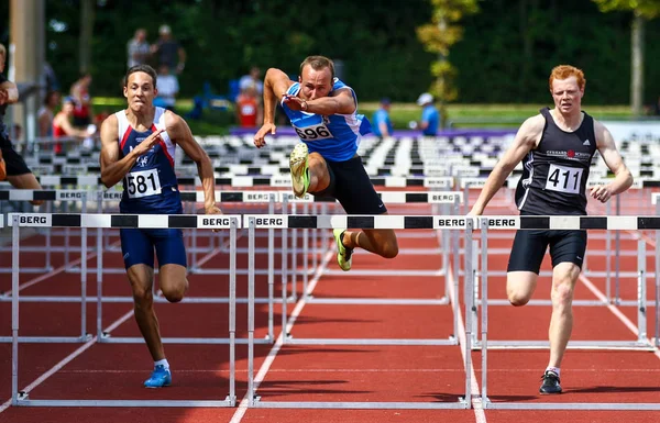 Regensburg, Germany - June 16, 2018: bavarian athletics championship, hurdle race — Stock Photo, Image