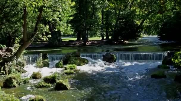 Маленький Водопад Реке Айсбах Английском Саду Мюнхене Германия — стоковое видео