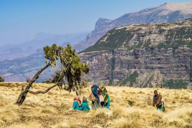 Simien Dağları, Etiyopya - Şubat 07, 2020: Etiyopya 'daki Simien Dağları Ulusal Parkı' ndaki Etiyopya halkı. Afrika.