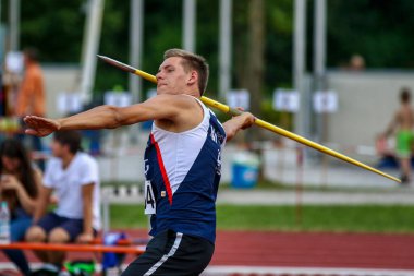 Regensburg, Almanya - 20 Temmuz 2019: Bavyera Atletizm Şampiyonası cirit atma etkinliği