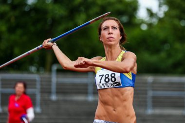 Regensburg, Almanya - 20 Temmuz 2019: Bavyera Atletizm Şampiyonası cirit atma etkinliği