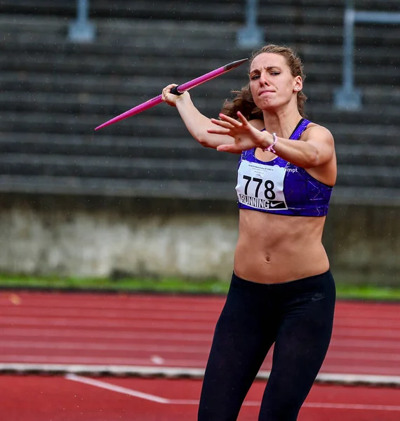 Regensburg, Almanya - 20 Temmuz 2019: Bavyera Atletizm Şampiyonası cirit atma etkinliği