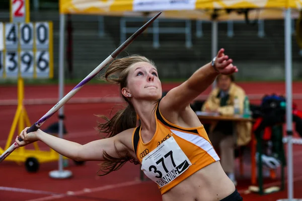 Regensburg, Almanya - 20 Temmuz 2019: Bavyera Atletizm Şampiyonası cirit atma etkinliği