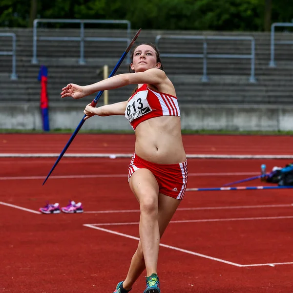 Regensburg, Almanya - 20 Temmuz 2019: Bavyera Atletizm Şampiyonası cirit atma etkinliği