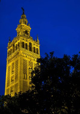 Saint Mary Katedrali 'nde Giralda adında ünlü çan kulesi, Seville, Endülüs' te Santa Maria de la Sede Katedrali, İspanya geceleri