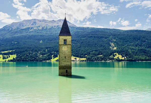 Famous Bell Tower Lake Reschen Lago Resia South Tyrol Italy — Stock Photo, Image