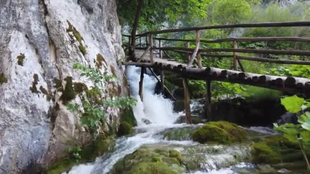 克罗地亚Plitvice湖国家公园的瀑布与绿松石水壮观的景色 克罗地亚最古老和最大的国家公园之一 教科文组织世界遗产 — 图库视频影像