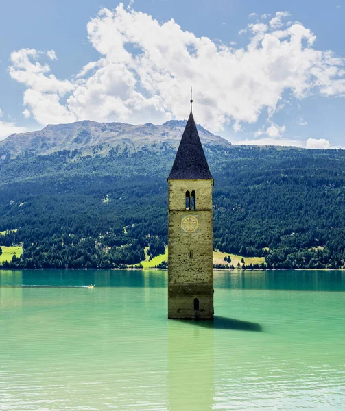 Famous Bell Tower Lake Reschen Lago Resia South Tyrol Italy — Stock Photo, Image