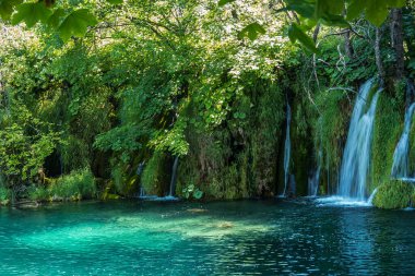 Hırvatistan 'ın Plitvice Gölleri Ulusal Parkı' nda turkuaz suyla şelalenin görkemli manzarası. Avrupa. Hırvatistan 'ın en eski ve en büyük ulusal parklarından biri. UNESCO Dünya Mirası
