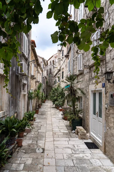 Blick Auf Enge Alte Traditionelle Mediterrane Steinstraße Und Steinhäuser Orebic — Stockfoto