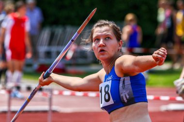 Regensburg, Almanya - 20 Temmuz 2019: Bavyera Atletizm Şampiyonası cirit atma etkinliği