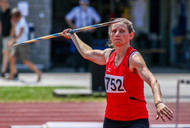 Regensburg, Almanya - 20 Temmuz 2019: Bavyera Atletizm Şampiyonası cirit atma etkinliği