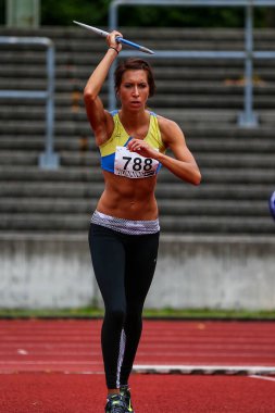 Regensburg, Almanya - 20 Temmuz 2019: Bavyera Atletizm Şampiyonası cirit atma etkinliği