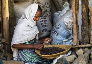 Aksum, Etiyopya - Şubat 08, 2020: Etiyopya halkı Axum 'dan Simien dağlarına, Kuzey Etiyopya, Afrika.