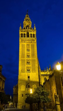 Saint Mary Katedrali 'nde Giralda adında ünlü çan kulesi, Seville, Endülüs' te Santa Maria de la Sede Katedrali, İspanya geceleri