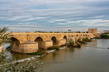 Cordoba, İspanya - 30 Ekim 2019: Roma köprüsü, Guadalquivir nehri boyunca Torre de Calahorra, Calahorra Kulesi, Cordoba, Endülüs, İspanya