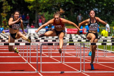 Regensburg, Germany - July 20, 2019: bavarian athletics championship hurdle race event clipart