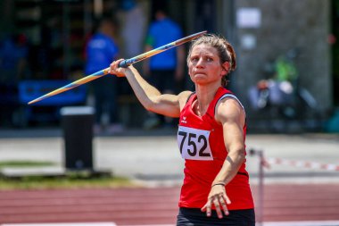 Regensburg, Almanya - 20 Temmuz 2019: Bavyera Atletizm Şampiyonası cirit atma etkinliği