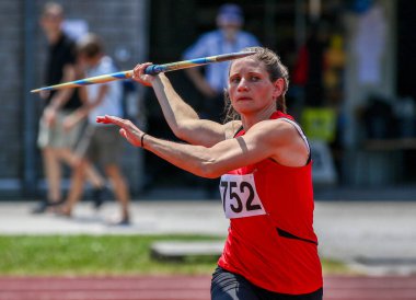 Regensburg, Almanya - 20 Temmuz 2019: Bavyera Atletizm Şampiyonası cirit atma etkinliği