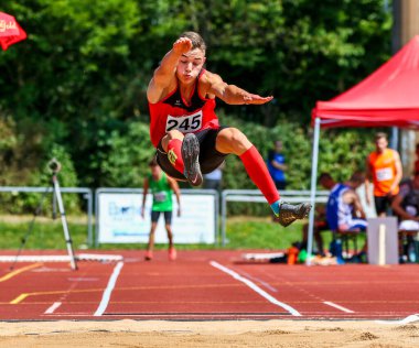 Regensburg, Almanya - 20 Temmuz 2019: uzun atlama şampiyonası