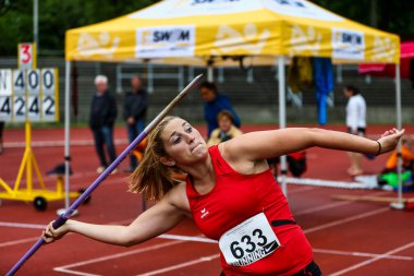 Regensburg, Almanya - 20 Temmuz 2019: Bavyera Atletizm Şampiyonası cirit atma etkinliği
