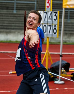 Regensburg, Almanya - 20 Temmuz 2019: Bavyera Atletizm Şampiyonası cirit atma etkinliği