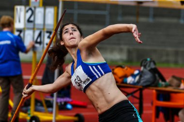 Regensburg, Almanya - 20 Temmuz 2019: Bavyera Atletizm Şampiyonası cirit atma etkinliği