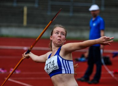 Regensburg, Almanya - 20 Temmuz 2019: Bavyera Atletizm Şampiyonası cirit atma etkinliği