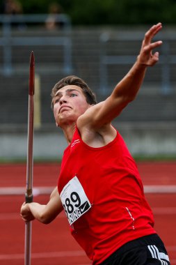 Regensburg, Almanya - 20 Temmuz 2019: Bavyera Atletizm Şampiyonası cirit atma etkinliği