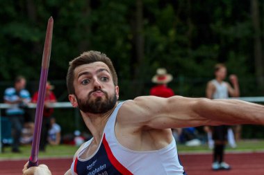 Regensburg, Almanya - 20 Temmuz 2019: Bavyera Atletizm Şampiyonası cirit atma etkinliği