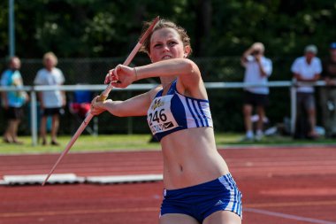 Regensburg, Almanya - 20 Temmuz 2019: Bavyera Atletizm Şampiyonası cirit atma etkinliği