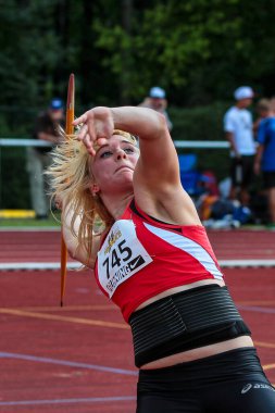 Regensburg, Almanya - 20 Temmuz 2019: Bavyera Atletizm Şampiyonası cirit atma etkinliği