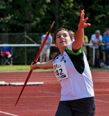 Regensburg, Almanya - 20 Temmuz 2019: Bavyera Atletizm Şampiyonası cirit atma etkinliği