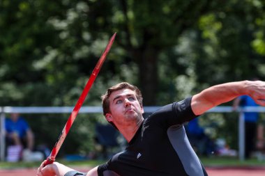 Regensburg, Almanya - 20 Temmuz 2019: Bavyera Atletizm Şampiyonası cirit atma etkinliği