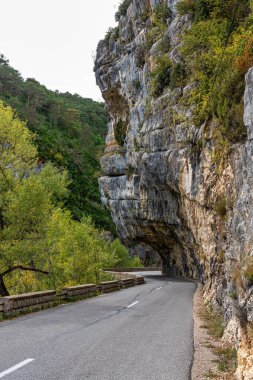 Verdon Gorge, Gorges du Verdon, Fransız Alpleri, Provence, Fransa 'da turkuaz yeşili kıvrımlı nehir ve yüksek kireçtaşı kayalarıyla ünlü kanyonun muhteşem manzarası.