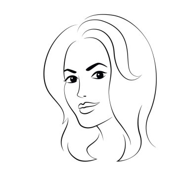 Genç bir kadın, güzel bir yüz, beyaz arka planda siyah bir çizgi.
